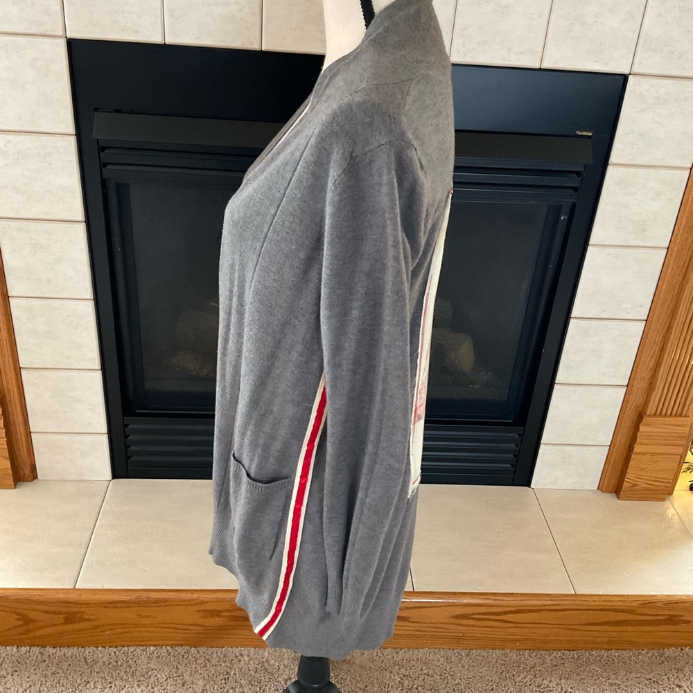 The Nu Vintage Gray w/Red/White Stripe on Sides, Open Front Long Sweater Vest, S - Picture 3 of 11
